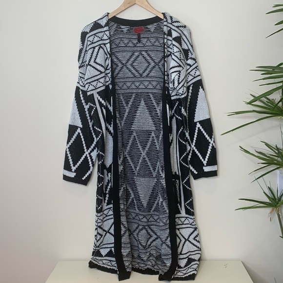Celsius Premium | Black White Knit Open Front Aztec Pocket Cardigan Sweater L - Picture 13 of 17